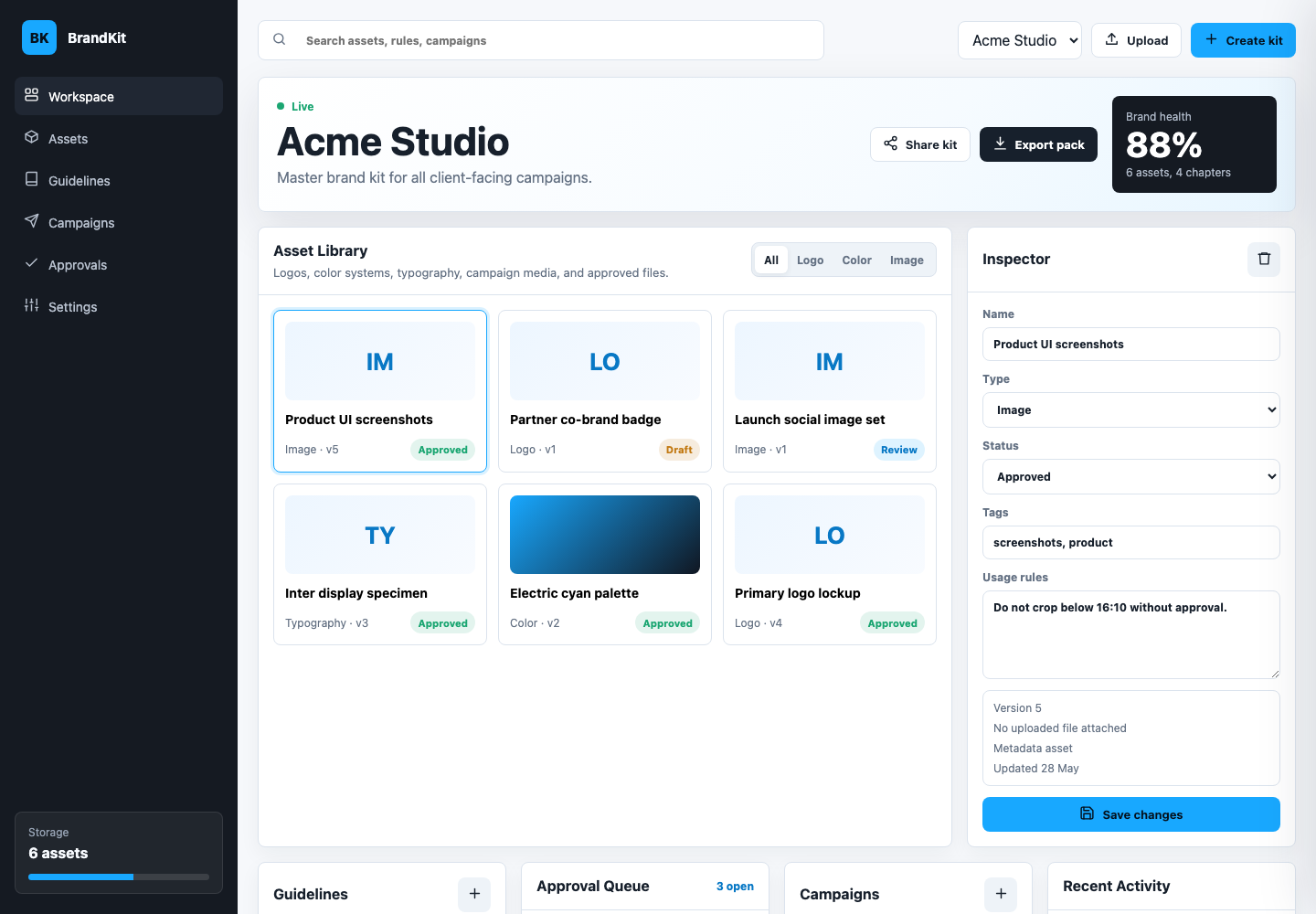 BrandKit workspace showing a canonical brand profile, design tokens, and asset library